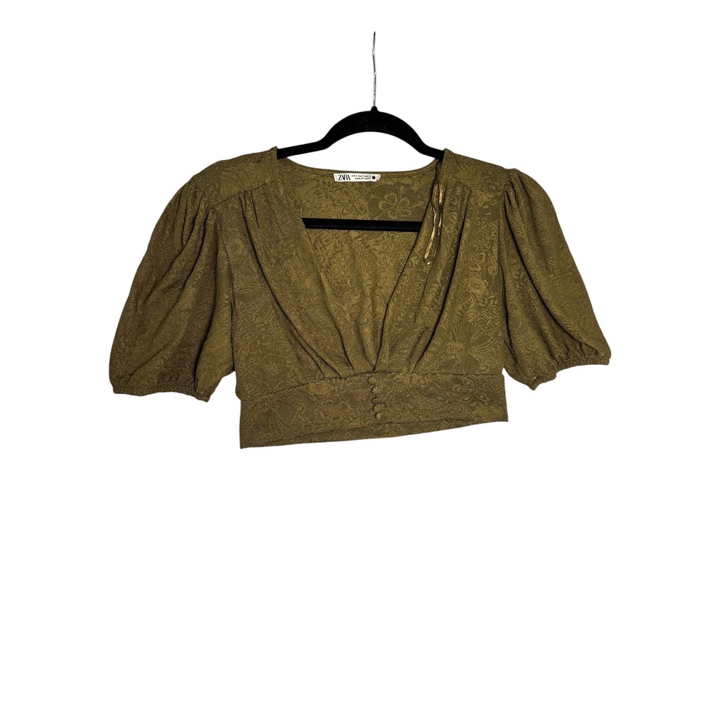 Zara Olive Green Floral Jacquard V-Neck Puff Sleeve Crop Top Small